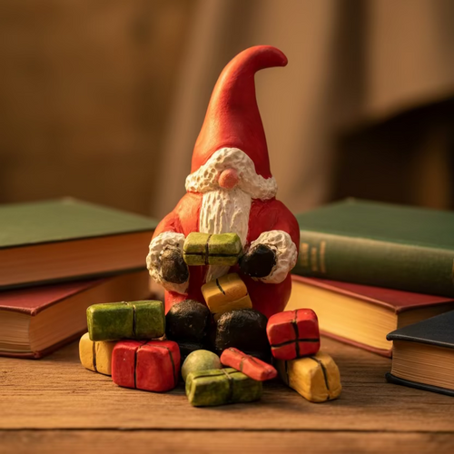 Small gnome figurine with colorful presents on a dark surface