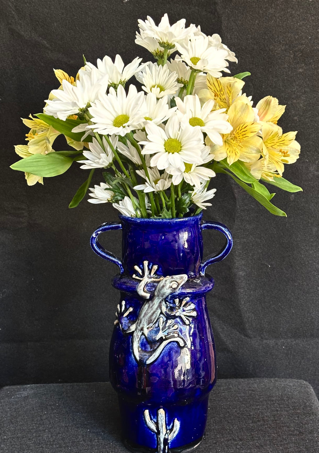 Cobalt blue vase with gecko