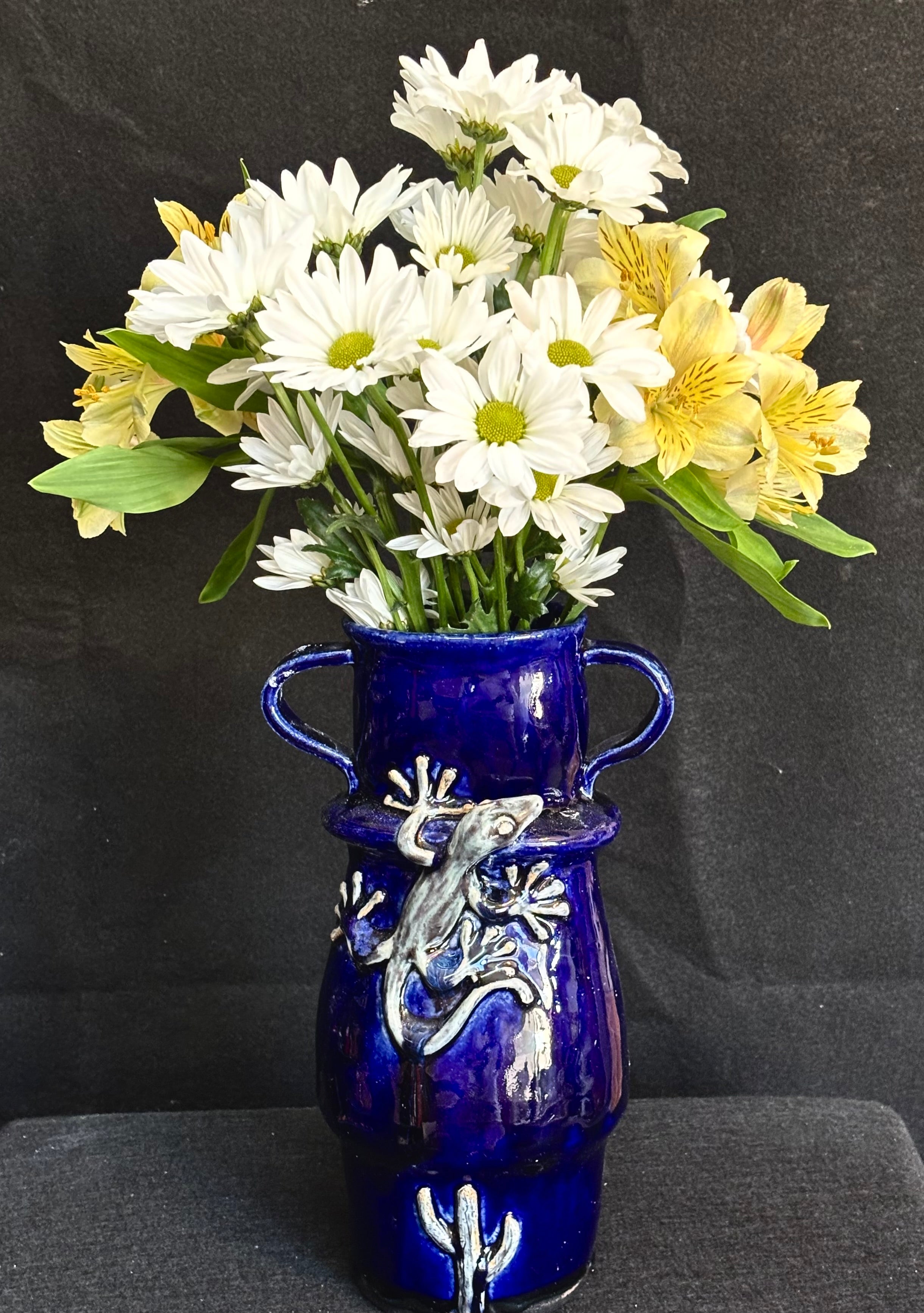 Cobalt blue vase with gecko